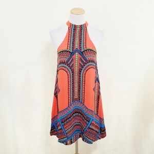 Alexis abstract mini dress orange halter tribal 0